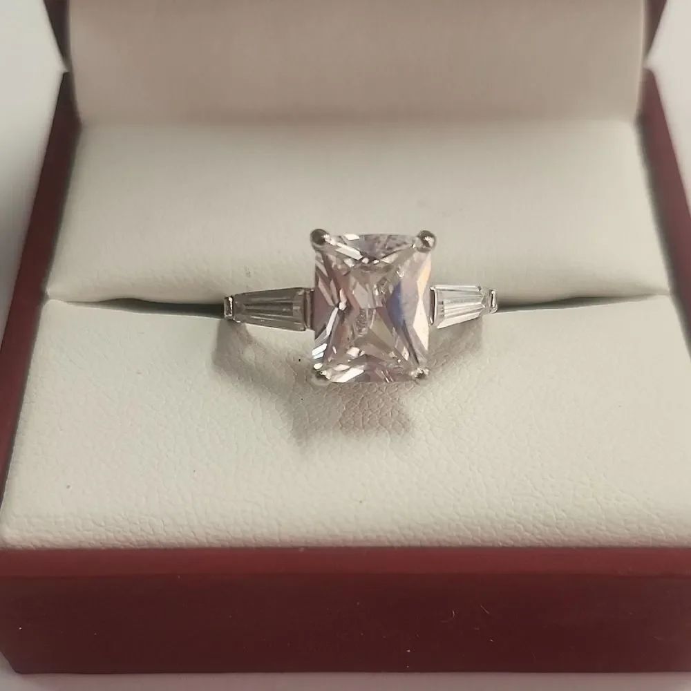 Silver-Tone Princess Cut Solitaire Ring with Baguette Accents - Clear Size 7
